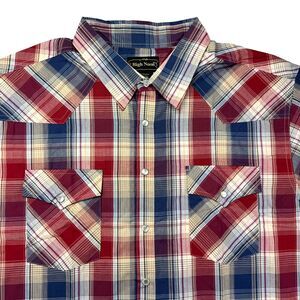 High Noon Shirt Men’s 2XL Red Blue Plaid Western Pearl Snap Short Sleeve Casual